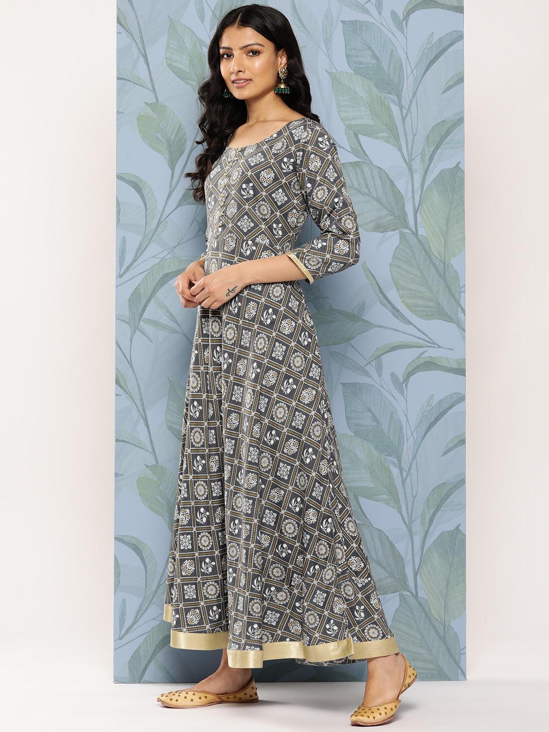 Grey Printed Rayon Fit and Flare Dress - Libas