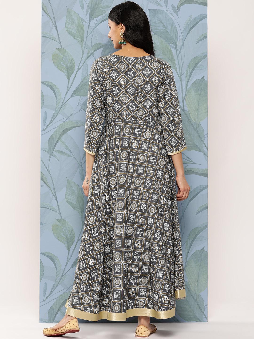 Grey Printed Rayon Fit and Flare Dress