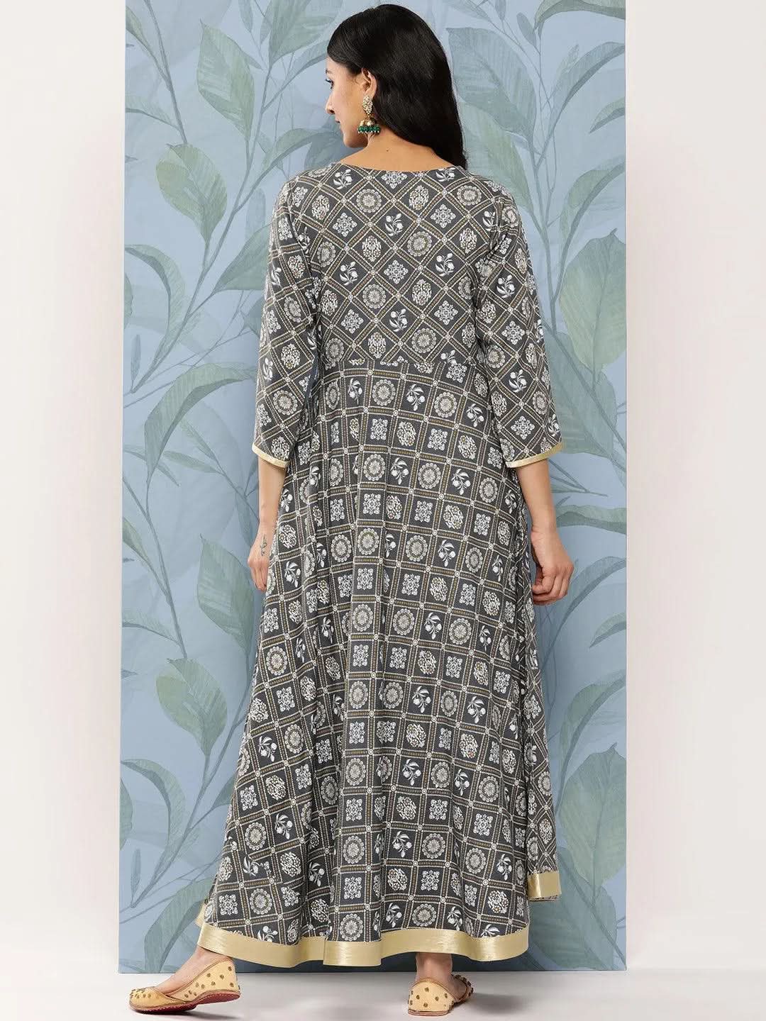 

Grey Printed Rayon Fit and Flare Dress