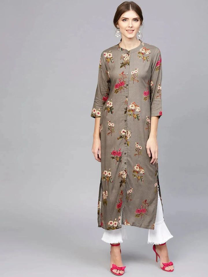 Grey Printed Rayon Kurta - Libas