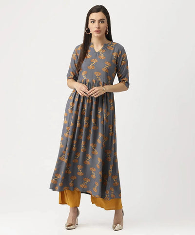 Grey Printed Rayon Kurta - Libas