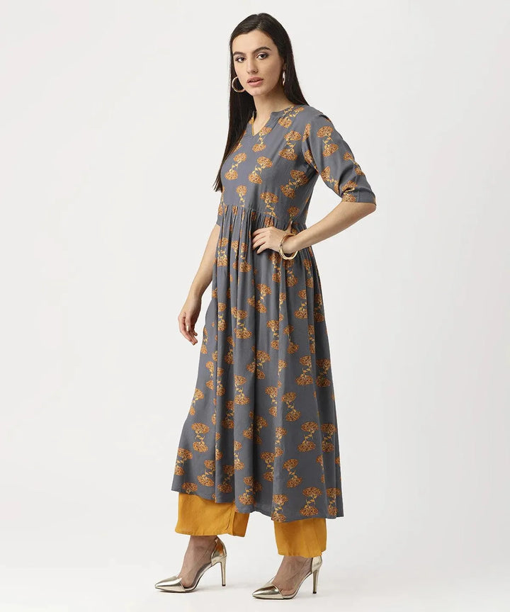 Grey Printed Rayon Kurta - Libas