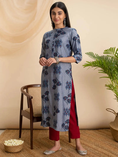 Grey Printed Rayon Kurta - Libas
