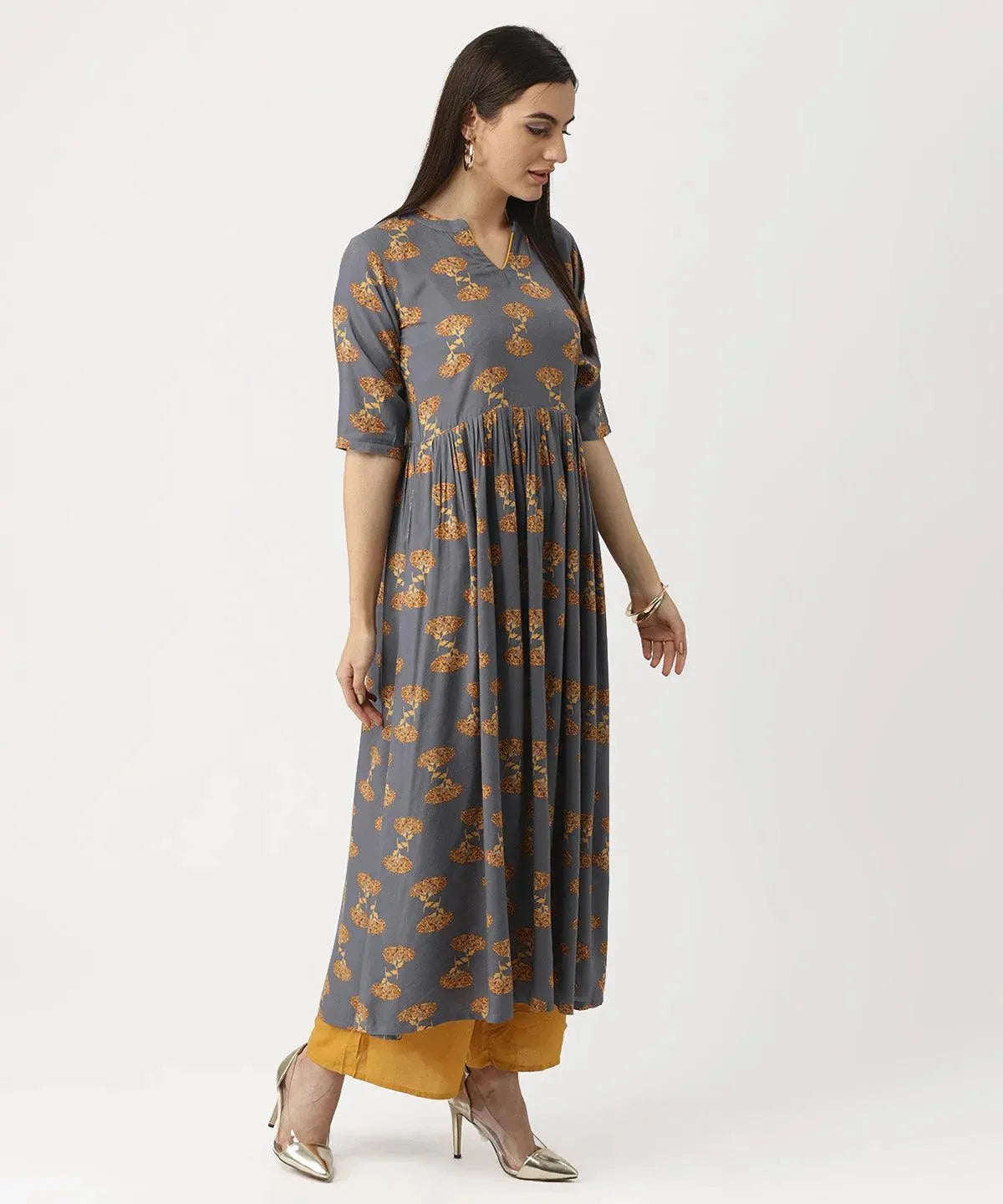 Grey Printed Rayon Kurta - Libas