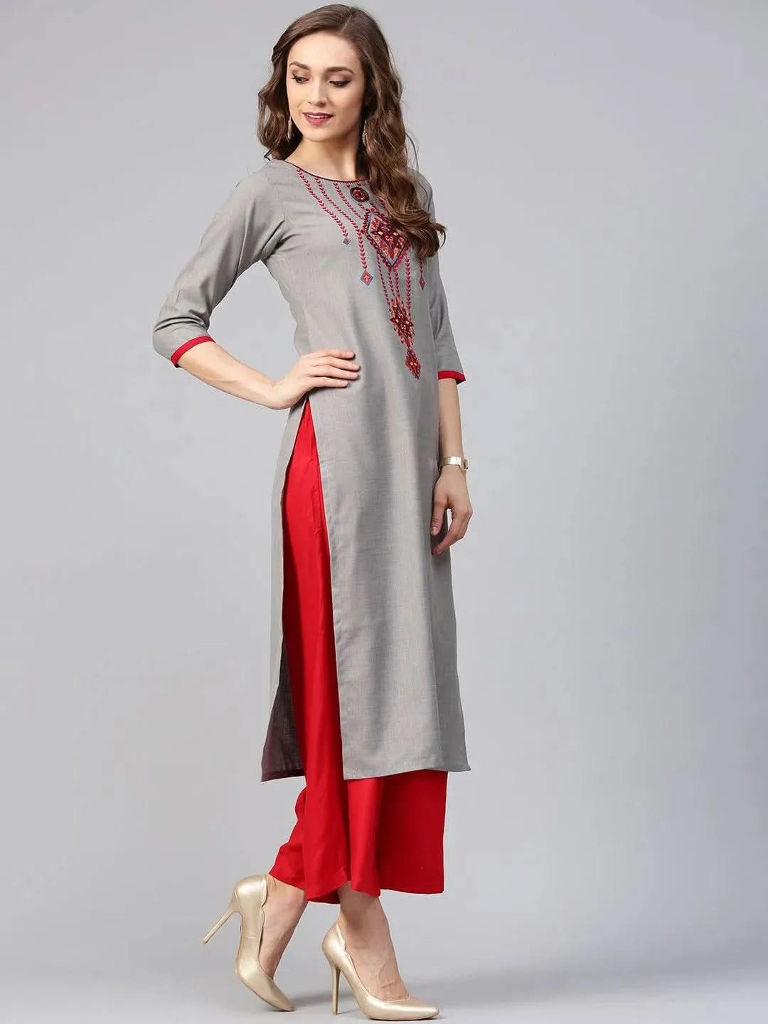 Grey Printed Rayon Kurta - Libas 