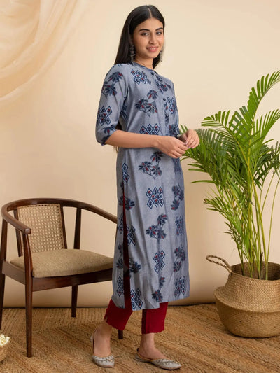 Grey Printed Rayon Kurta - Libas