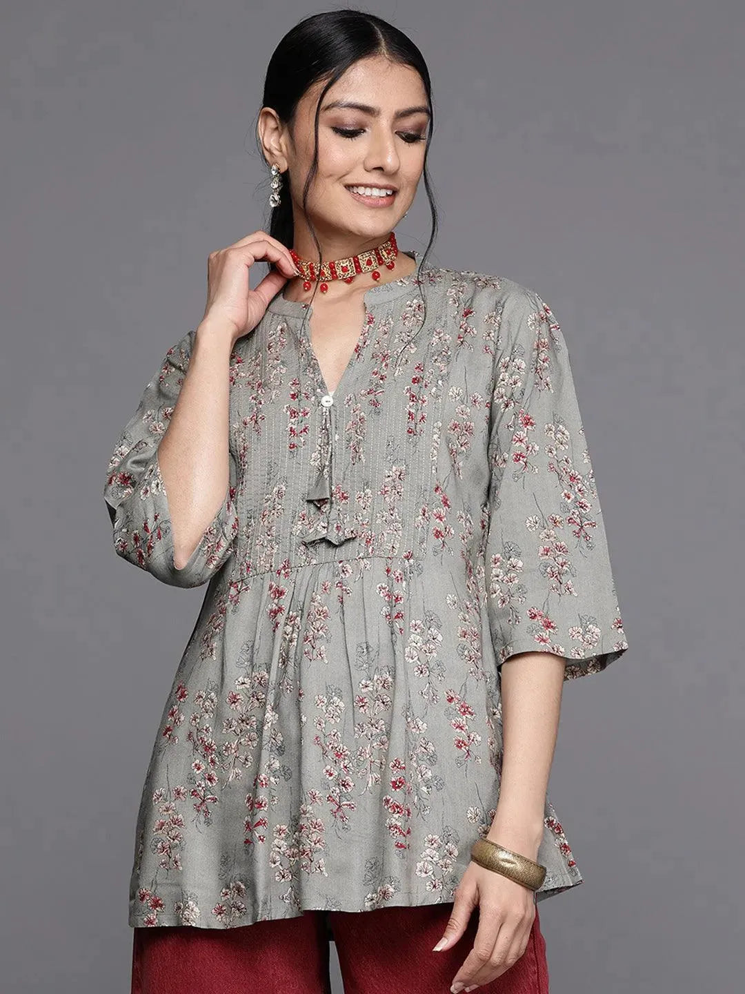 Grey Printed Rayon Kurti - Libas