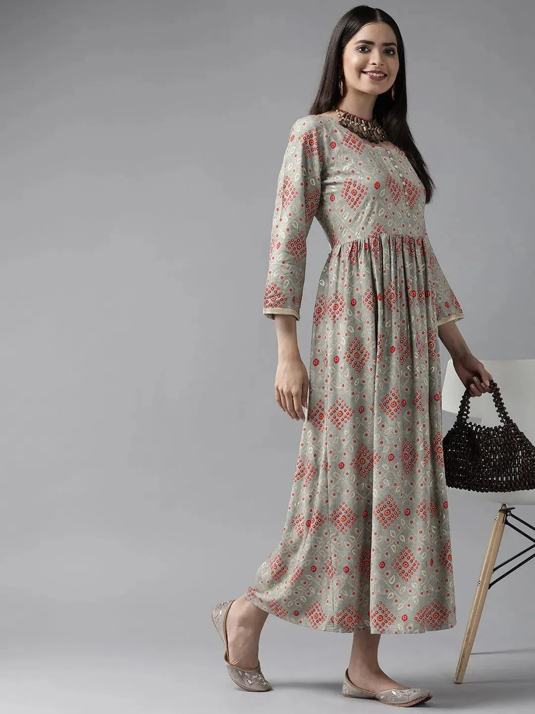 Grey Printed Rayon Maxi Dress - Libas 