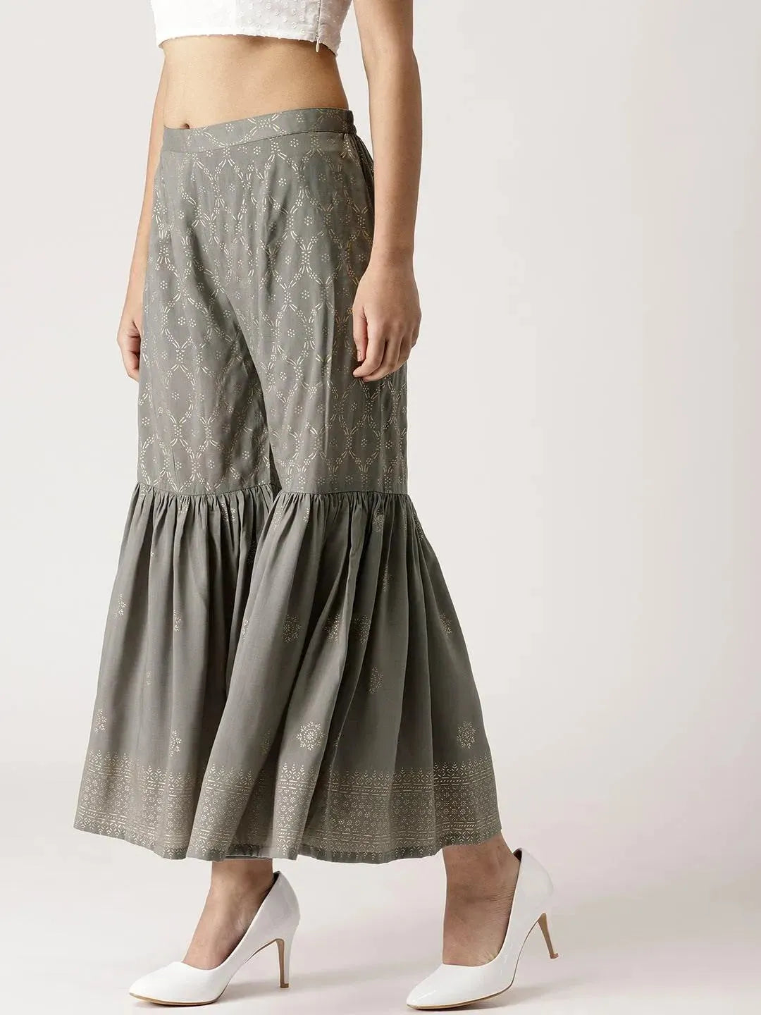 Grey Printed Rayon Sharara Pants - Libas