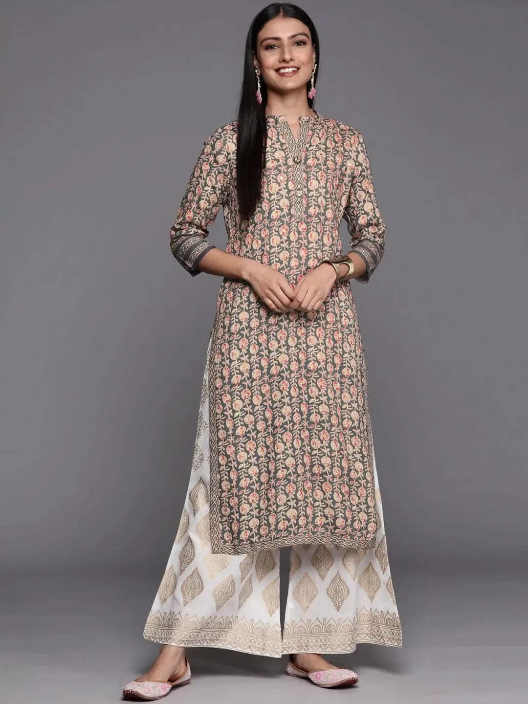 Grey Printed Rayon Straight Kurta - Libas 