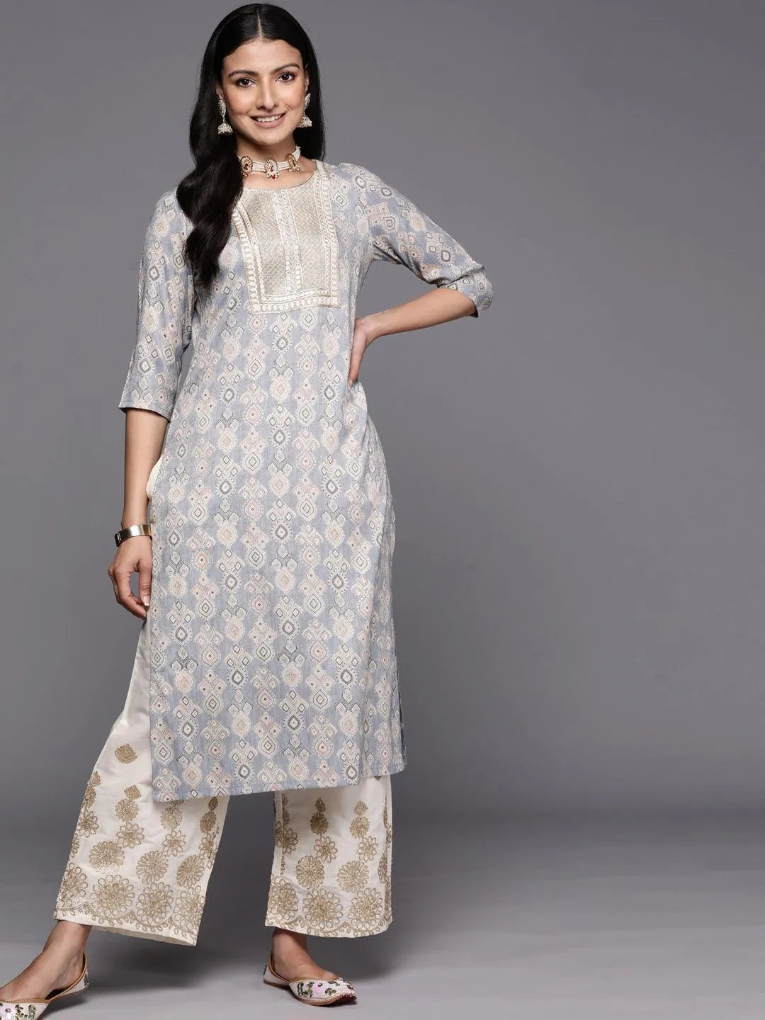 Grey Printed Rayon Straight Kurta - Libas
