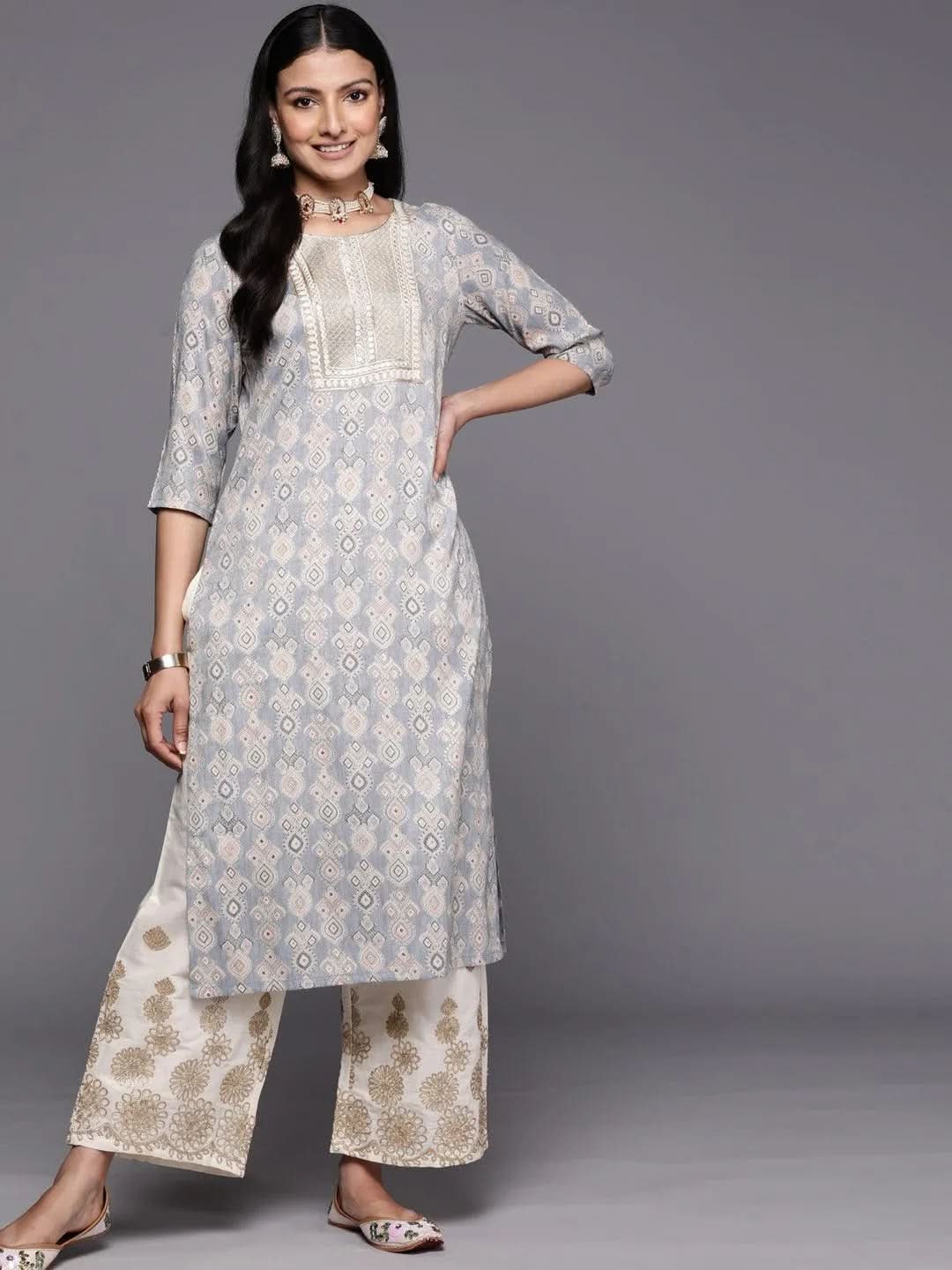 

Grey Printed Rayon Straight Kurta