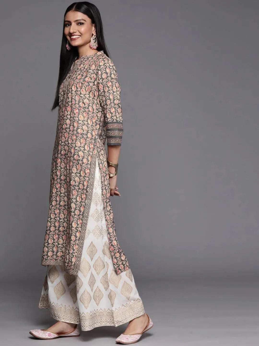 Grey Printed Rayon Straight Kurta - Libas 