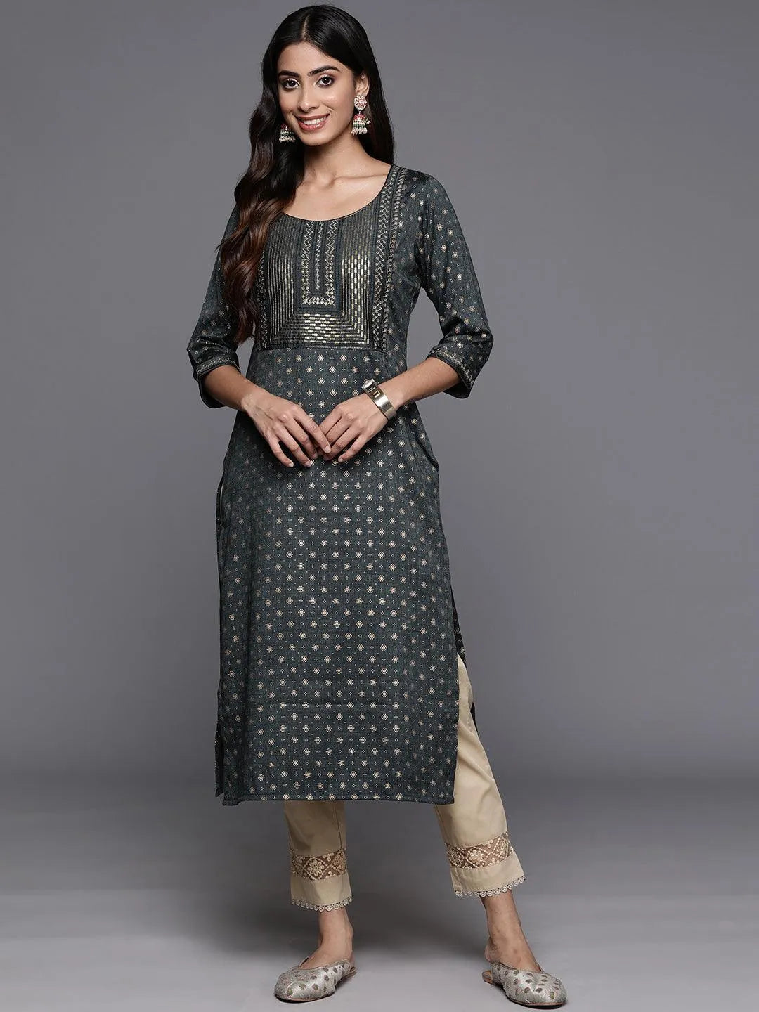 Grey Printed Rayon Straight Kurta - Libas 