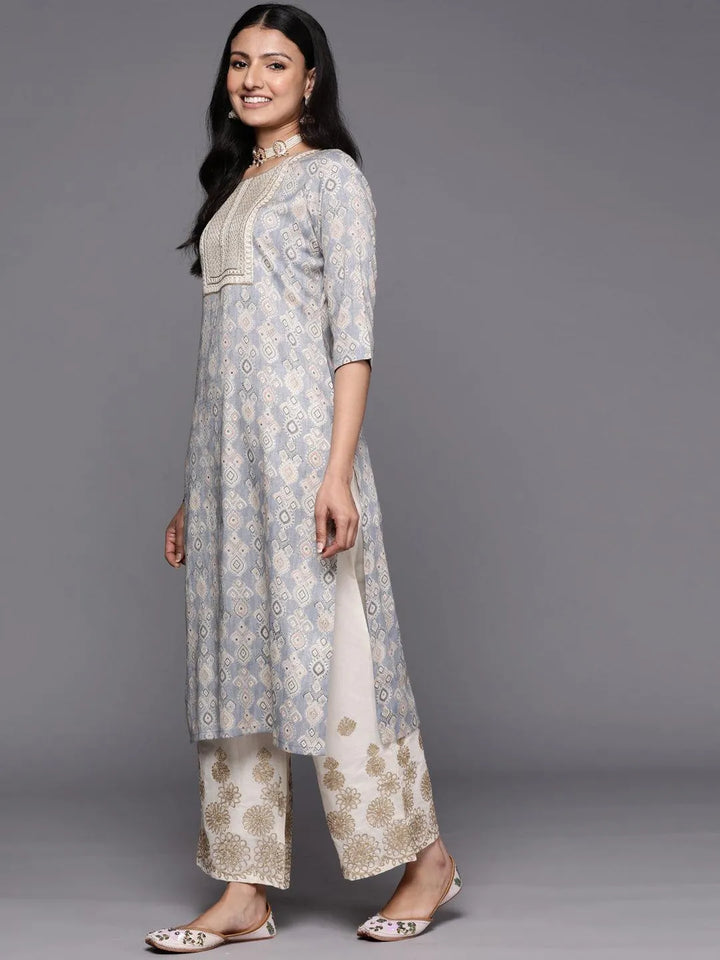 Grey Printed Rayon Straight Kurta - Libas