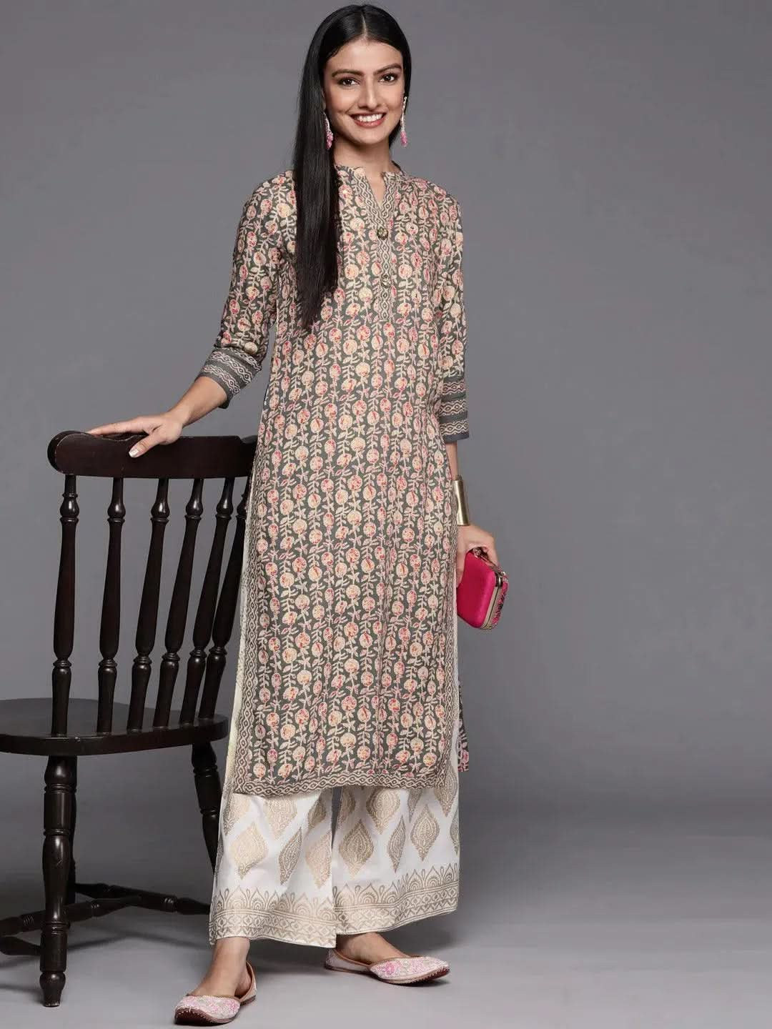 Grey Printed Rayon Straight Kurta - Libas