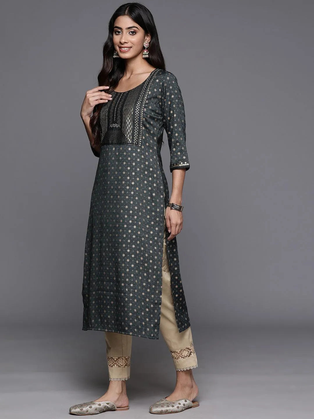 Grey Printed Rayon Straight Kurta - Libas 