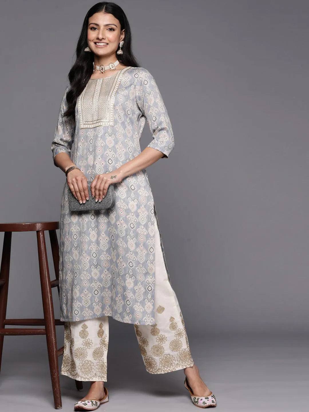 Grey Printed Rayon Straight Kurta - Libas 