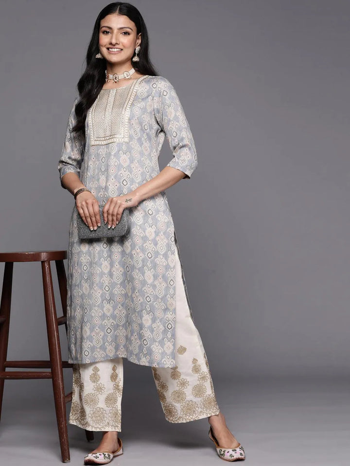 Grey Printed Rayon Straight Kurta - Libas