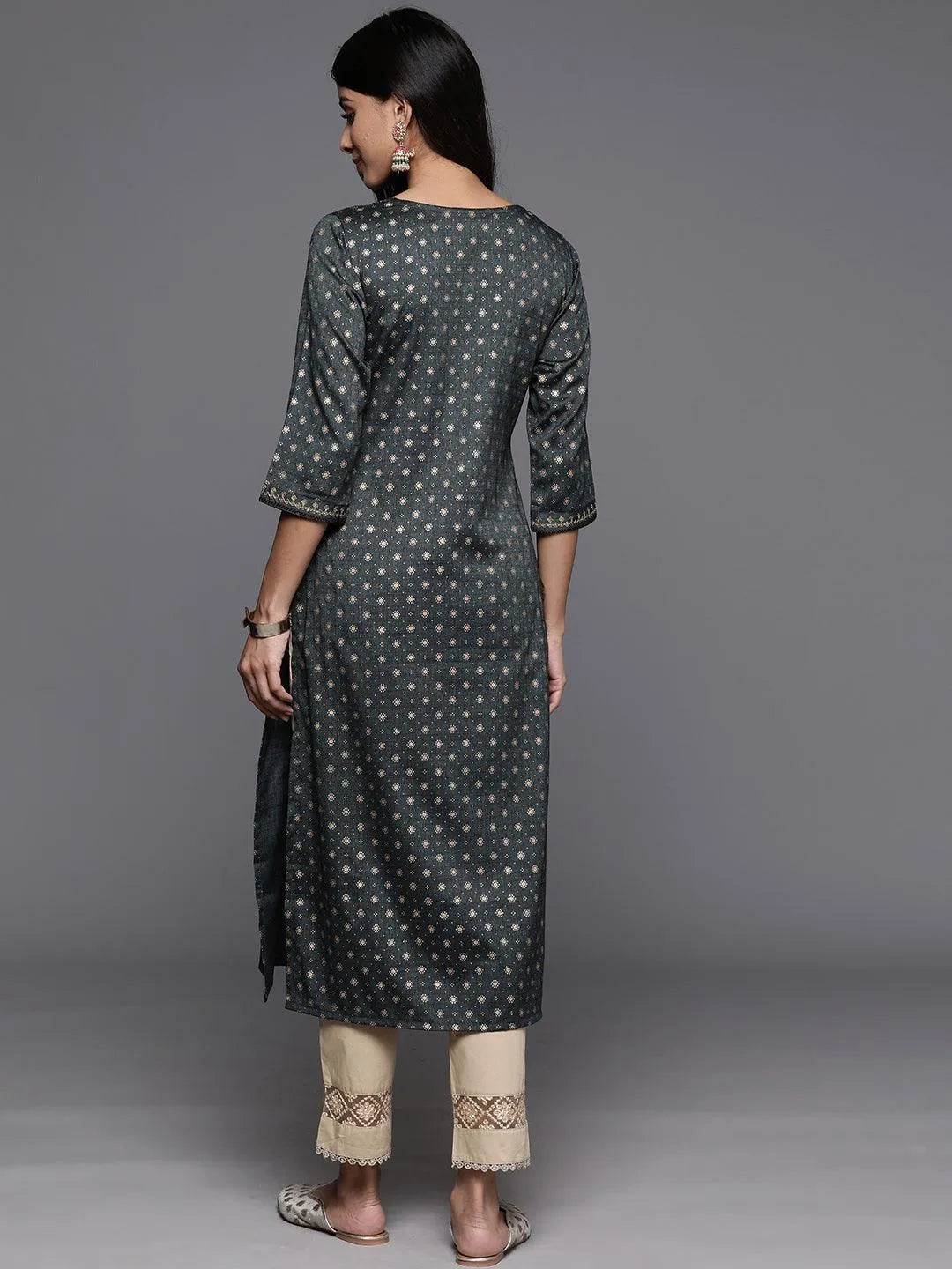 Grey Printed Rayon Straight Kurta - Libas 
