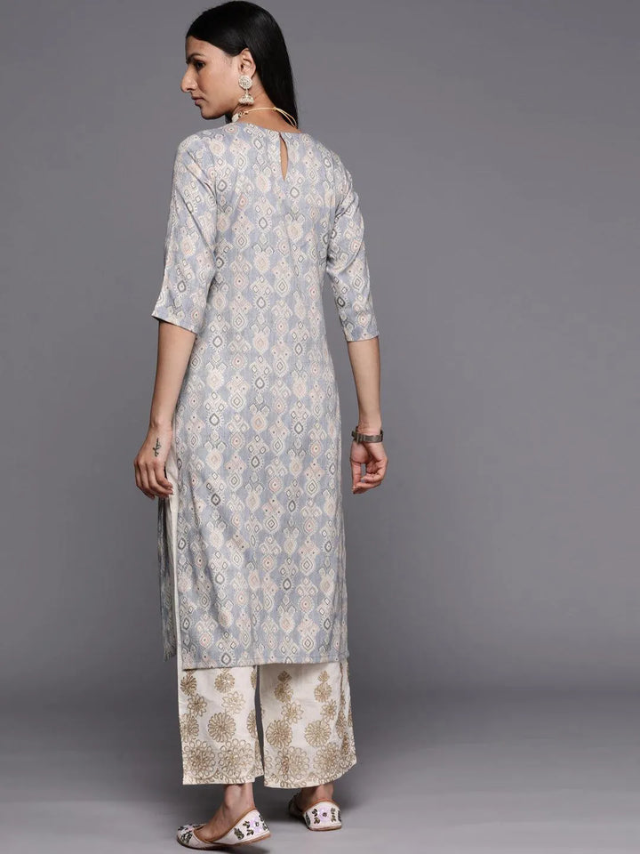 Grey Printed Rayon Straight Kurta - Libas