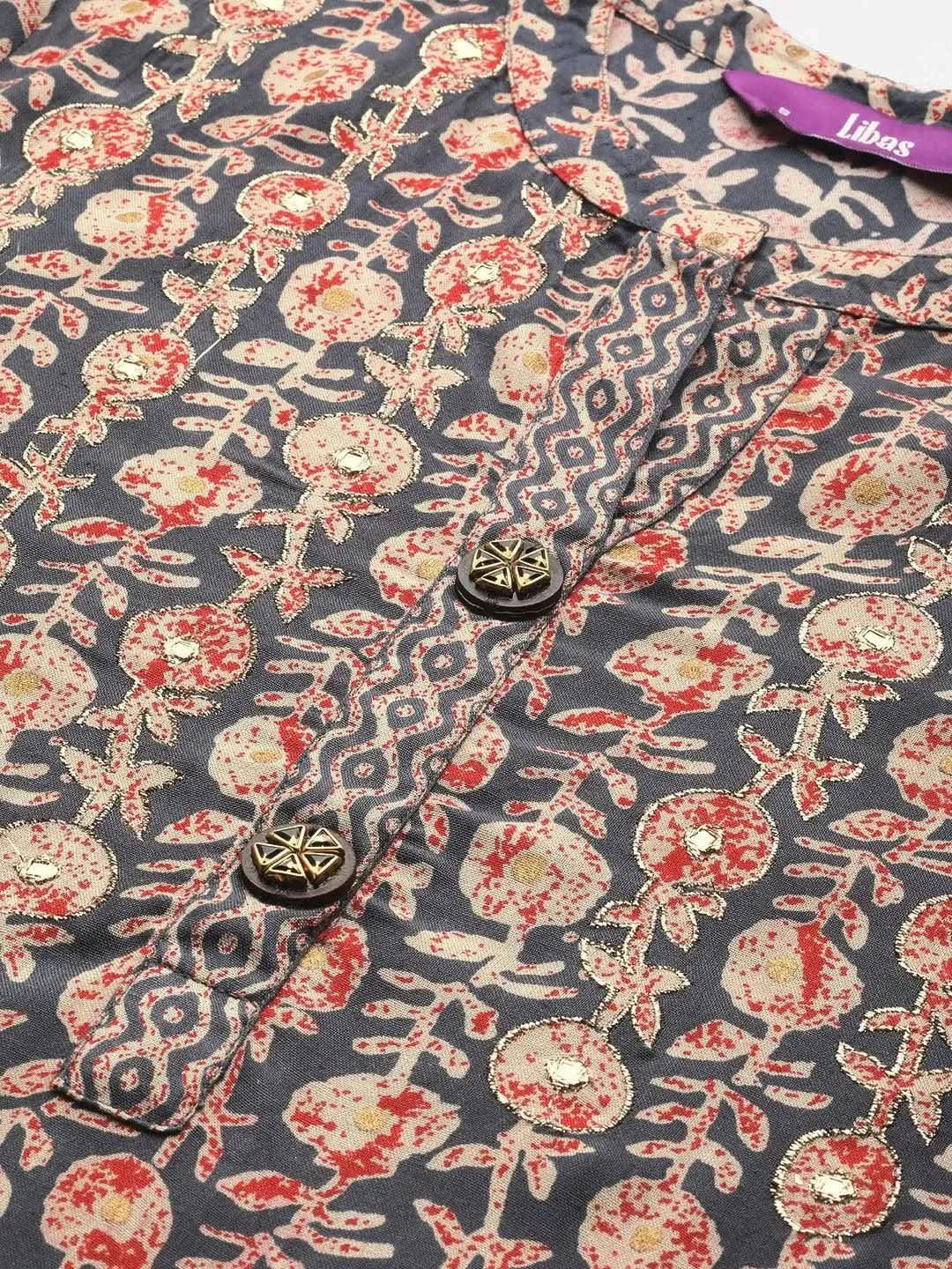 Grey Printed Rayon Straight Kurta - Libas 
