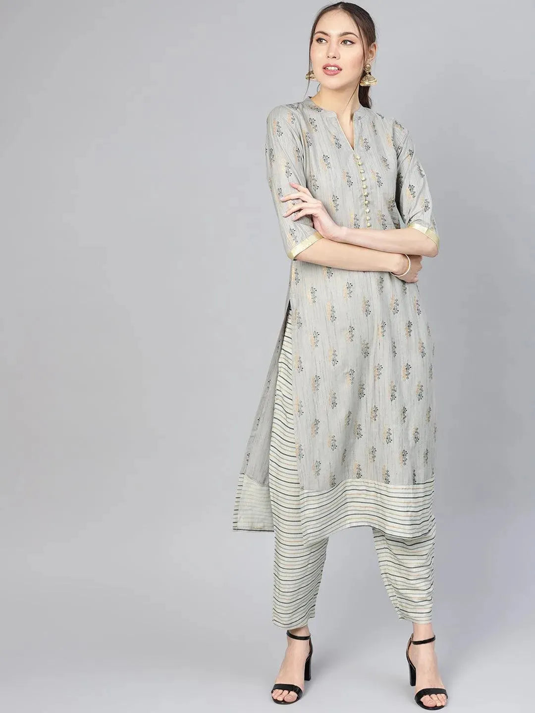Grey Printed Rayon Kurta Set - Libas 