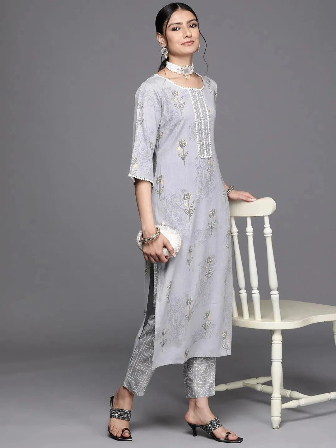 Grey Printed Rayon Trousers - Libas 