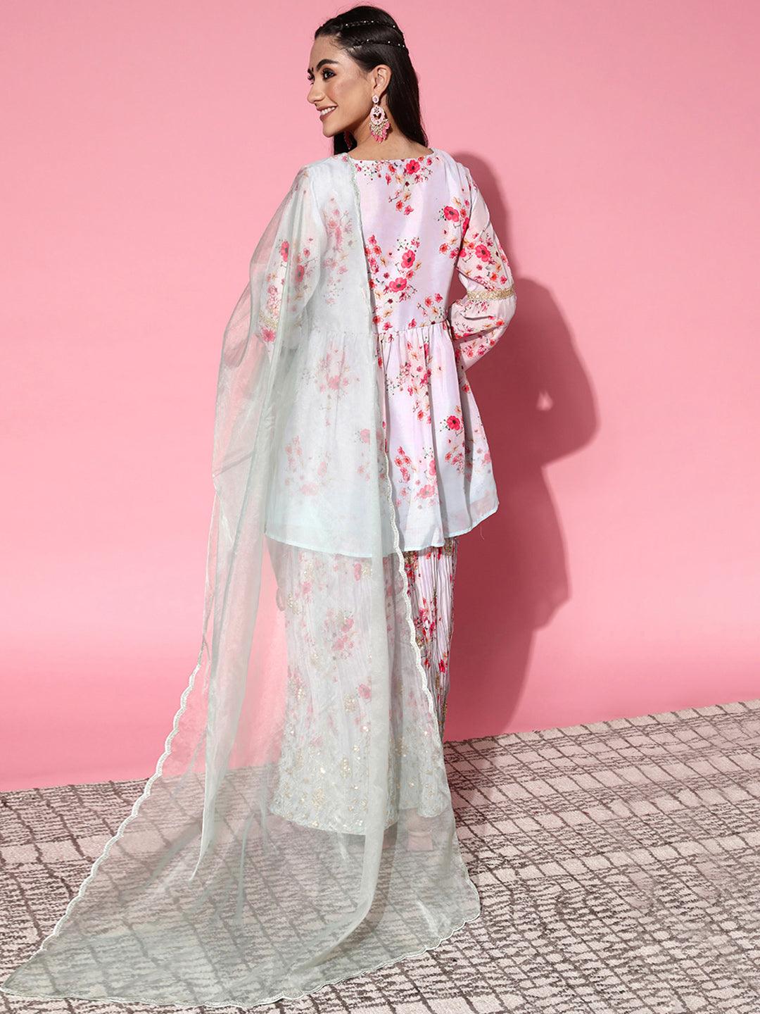Grey Printed Satin Anarkali Sharara Suit Set With Dupatta