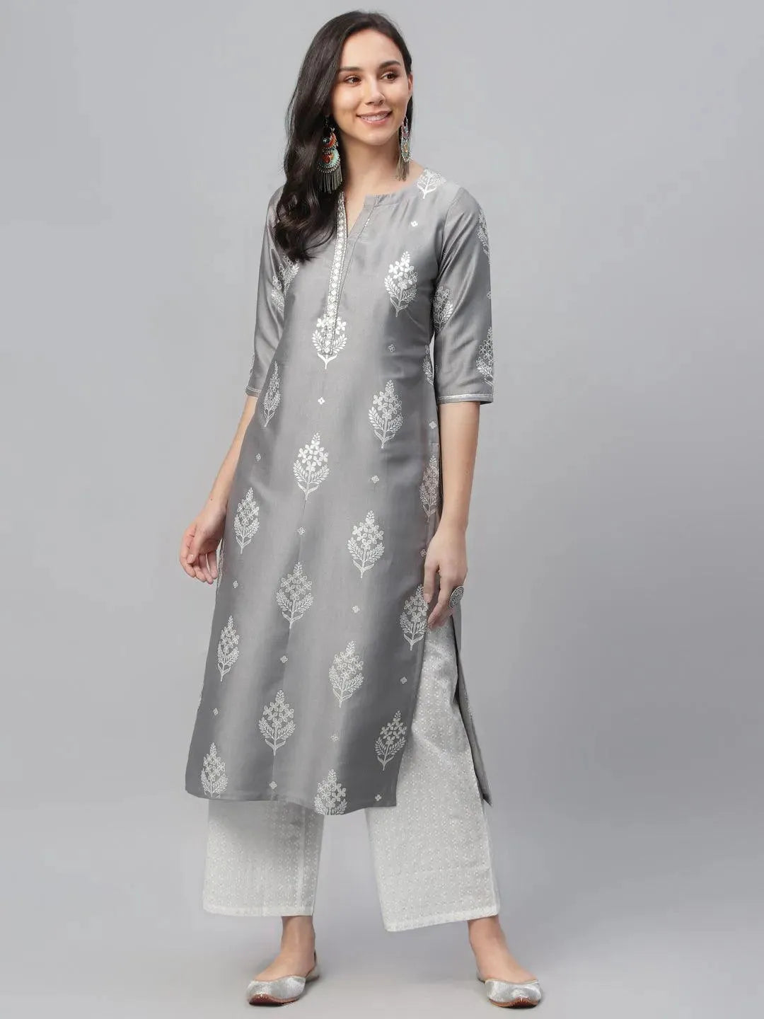 Grey Printed Shantoon Kurta - Libas