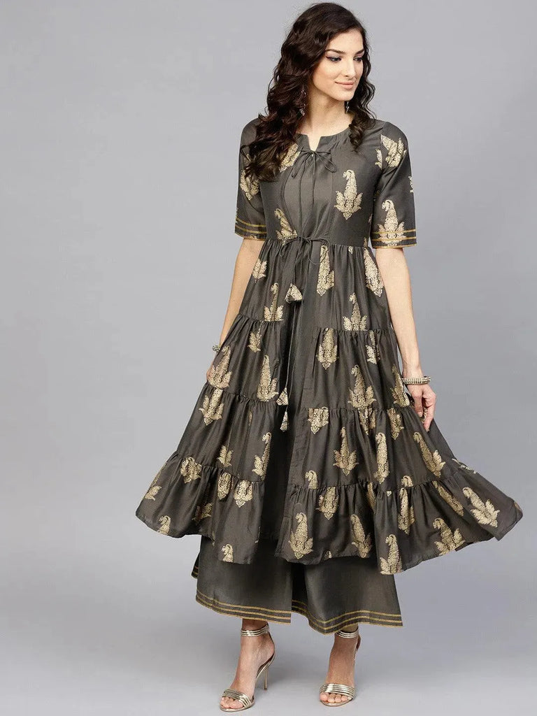 Libas Grey Printed Silk Anarkali Kurta With Palazzos