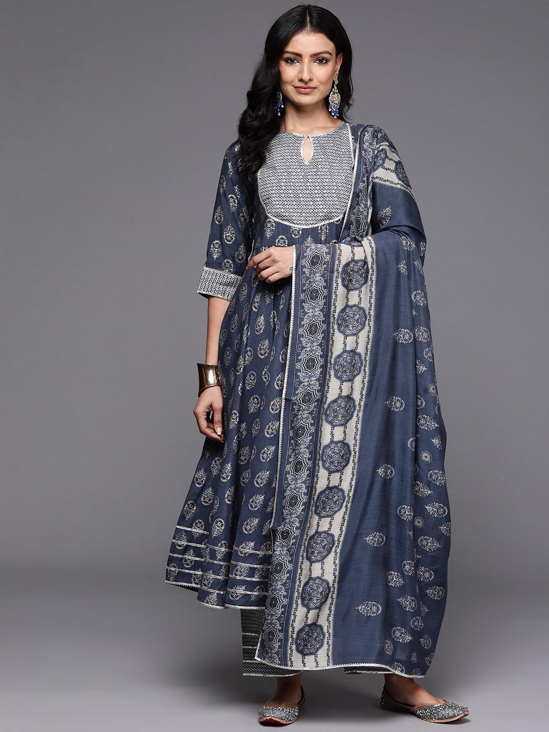 Grey Printed Silk Blend Anarkali Suit With Dupatta