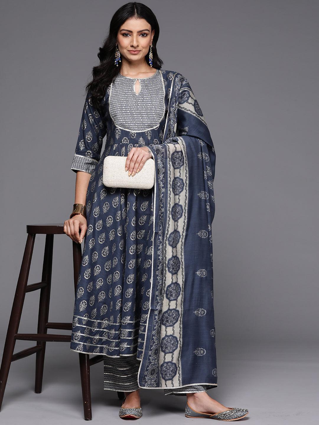Grey Printed Silk Blend Anarkali Suit With Dupatta
