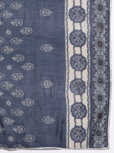 Grey Printed Silk Blend Anarkali Kurta With Palazzos & Dupatta - Libas