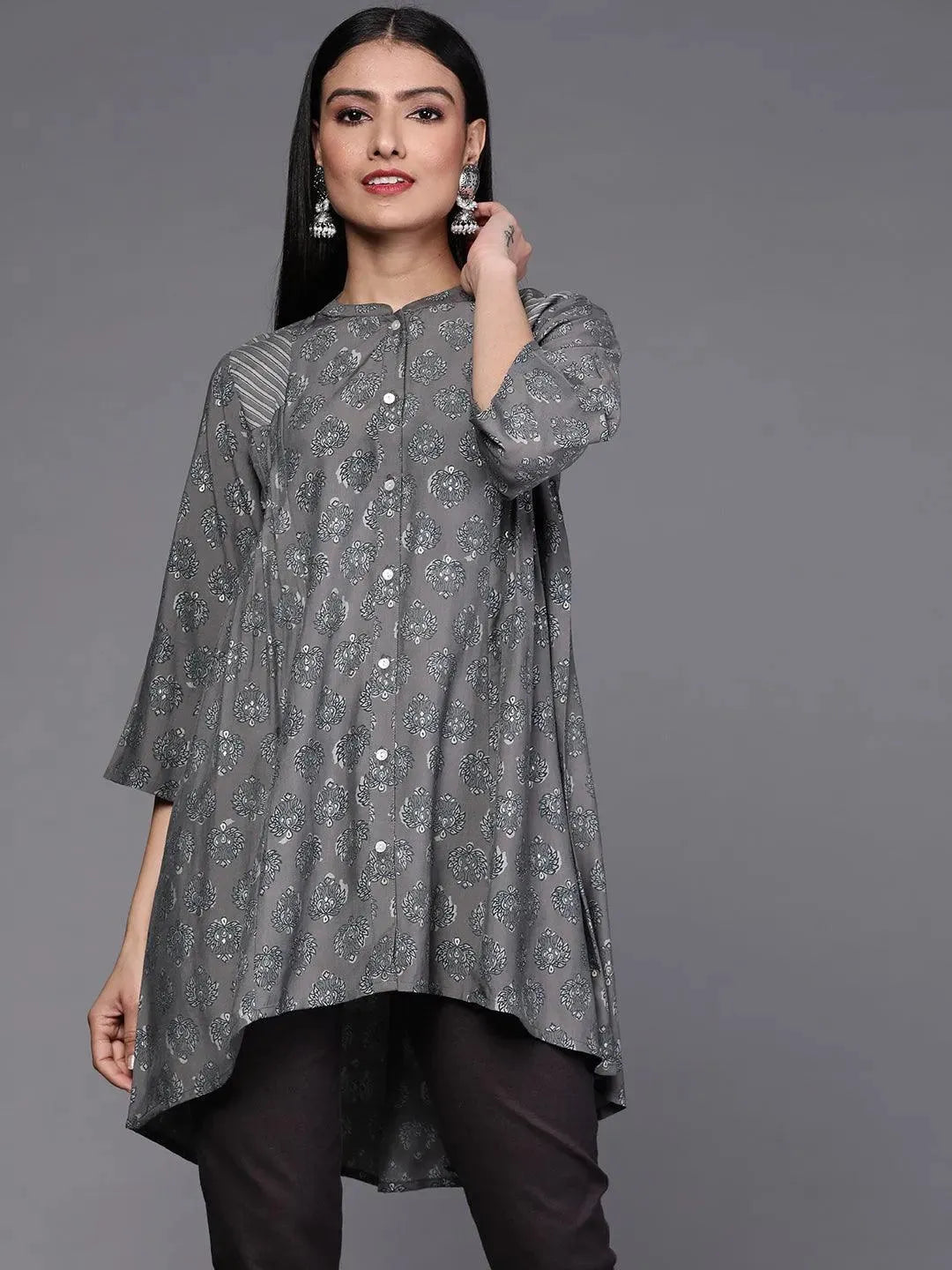 Grey Printed Silk Blend Kurti - Libas