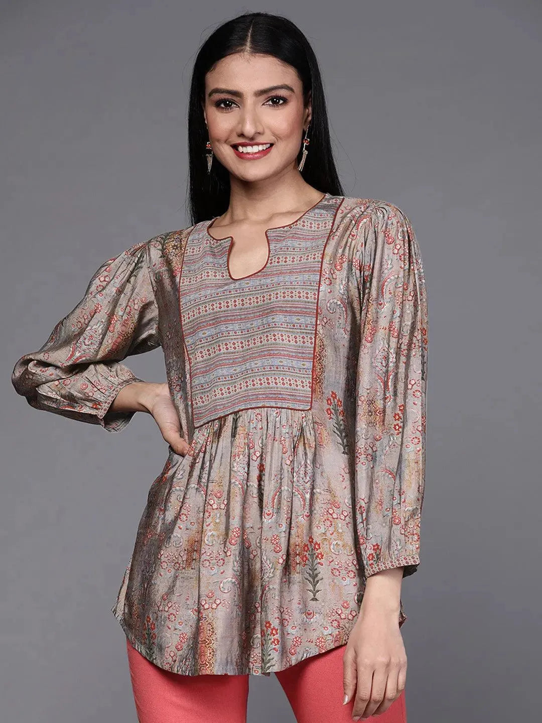 Grey Printed Silk Blend Kurti - Libas