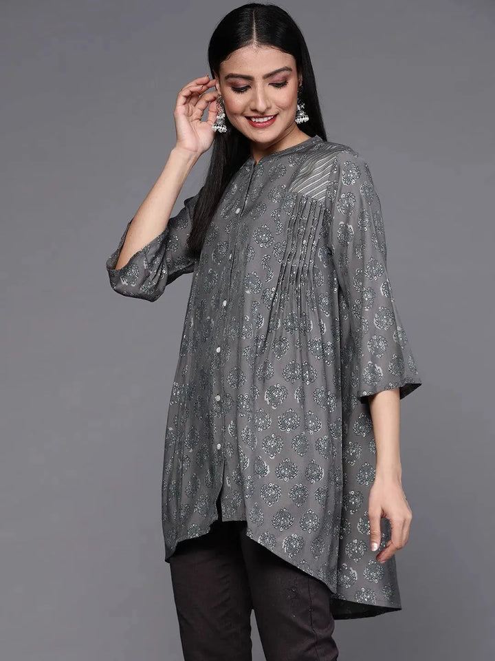 Grey Printed Silk Blend Kurti - Libas