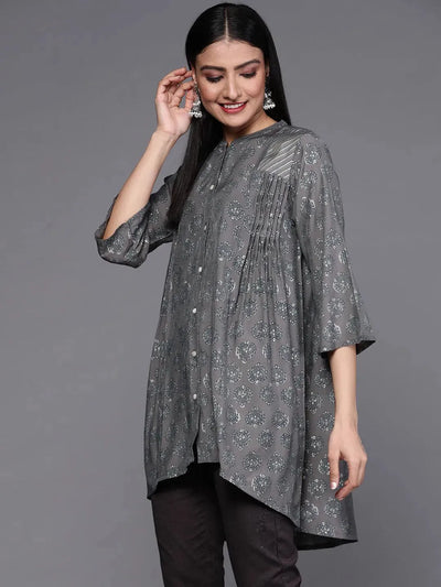 Grey Printed Silk Blend Kurti - Libas