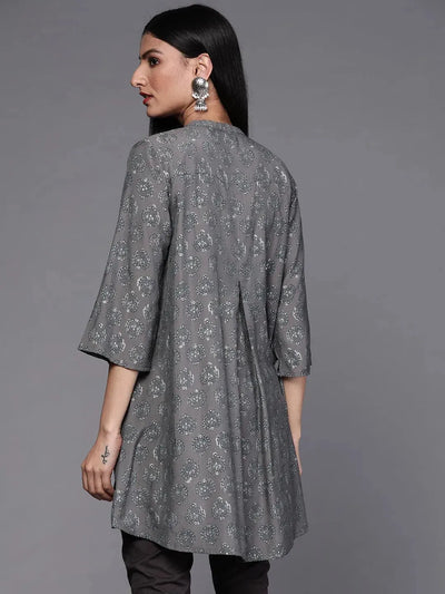 Grey Printed Silk Blend Kurti - Libas