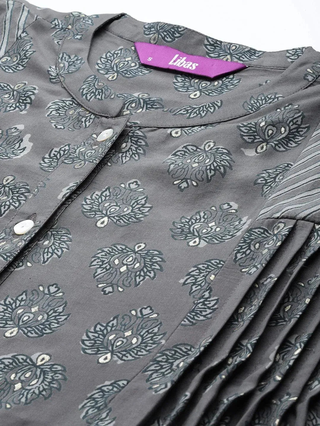 Grey Printed Silk Blend Kurti - Libas