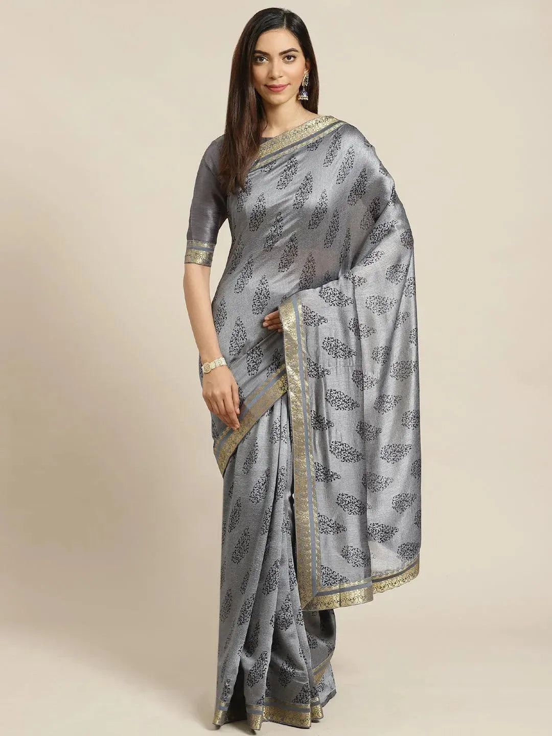 Grey Printed Silk Blend Saree - Libas 