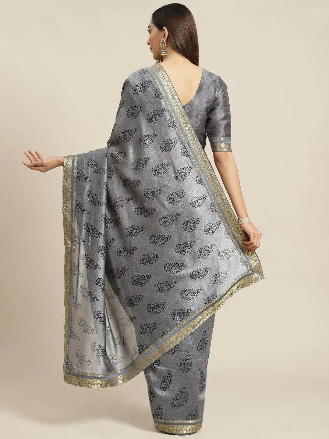Grey Printed Silk Blend Saree - Libas 