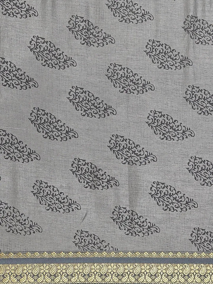 Grey Printed Silk Blend Saree - Libas