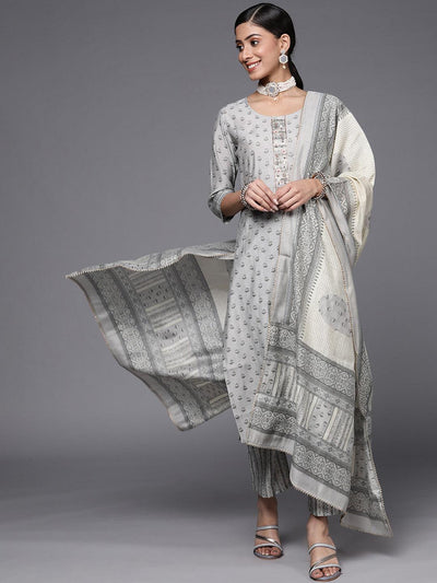 Grey Printed Silk Blend Straight Suit Set - Libas
