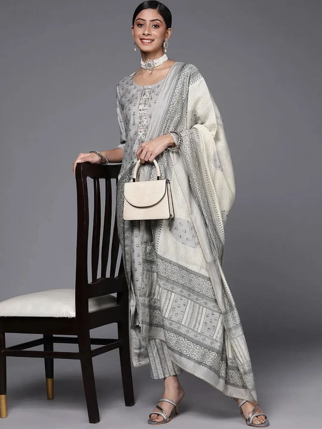 

Grey Printed Silk Blend Straight Kurta With Dupatta