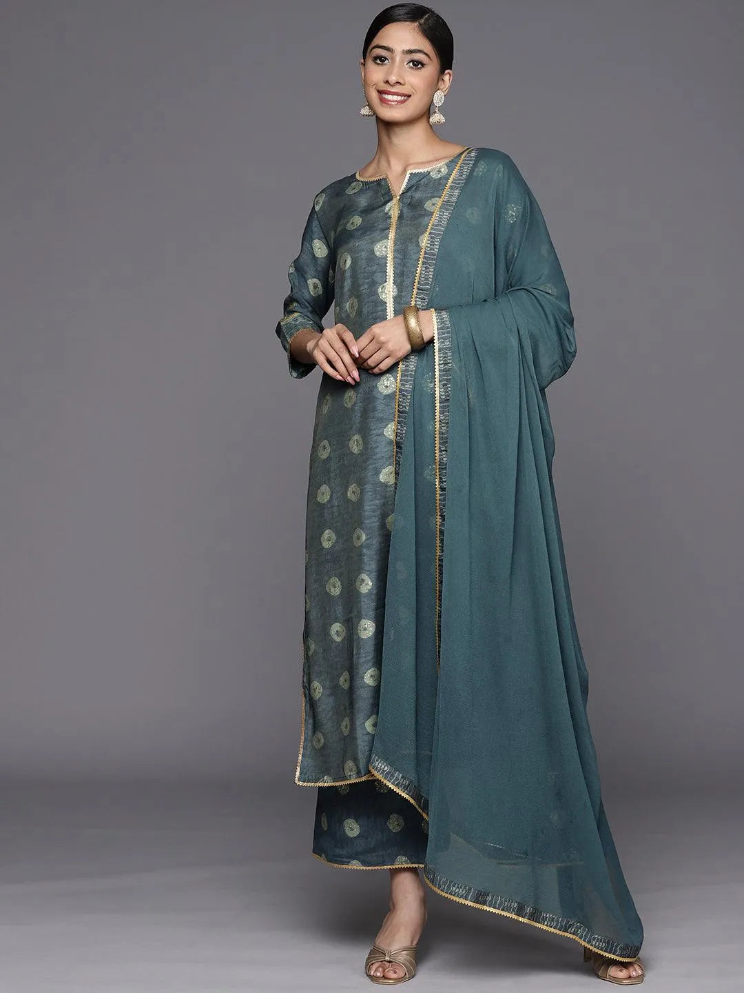 Grey Printed Silk Blend Straight Suit Set With Palazzos - Libas 