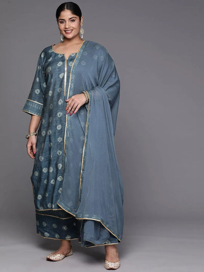 Grey Printed Silk Blend Straight Suit Set With Palazzos - Libas