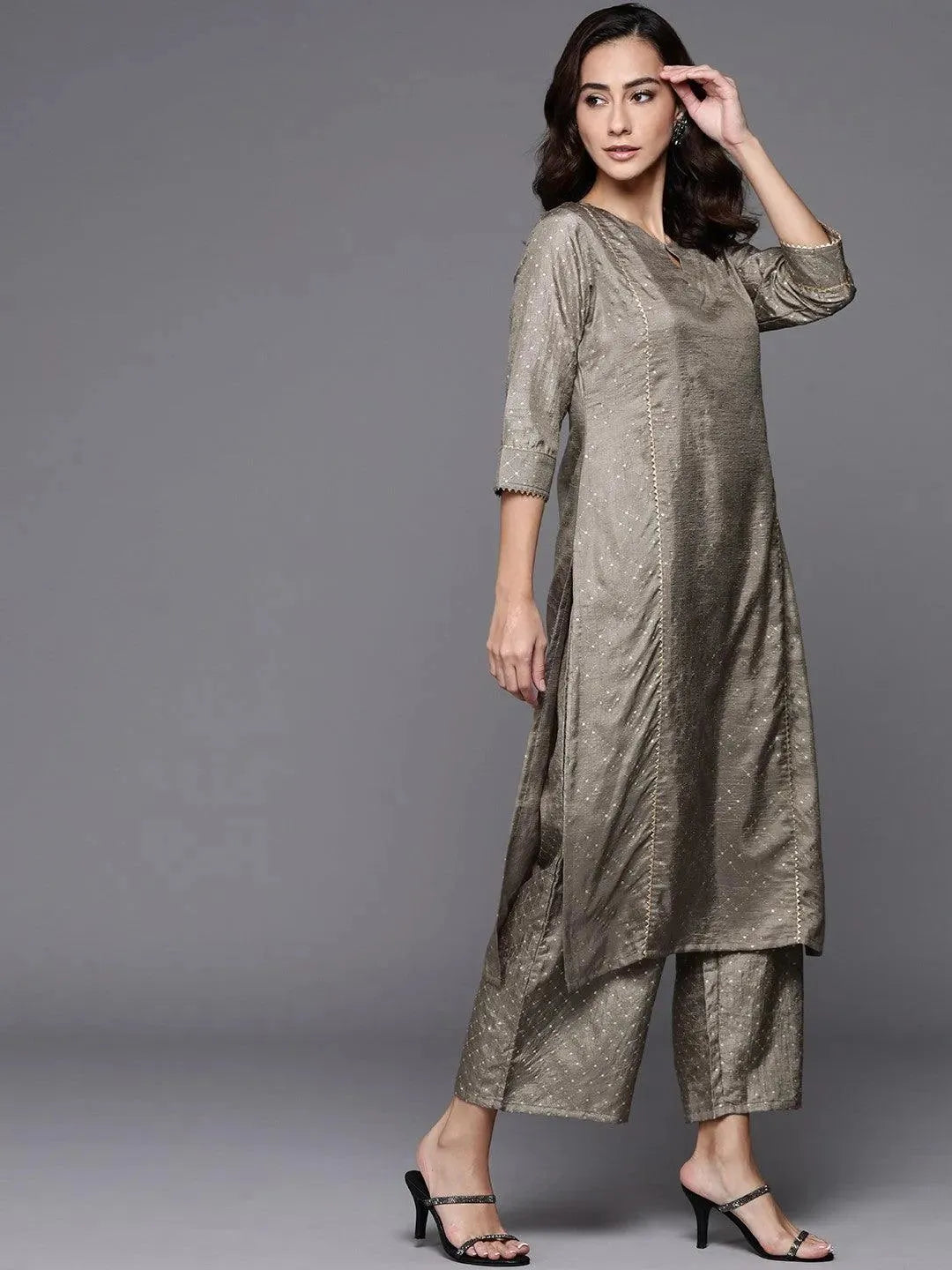 Grey Printed Silk Blend Suit Set - Libas