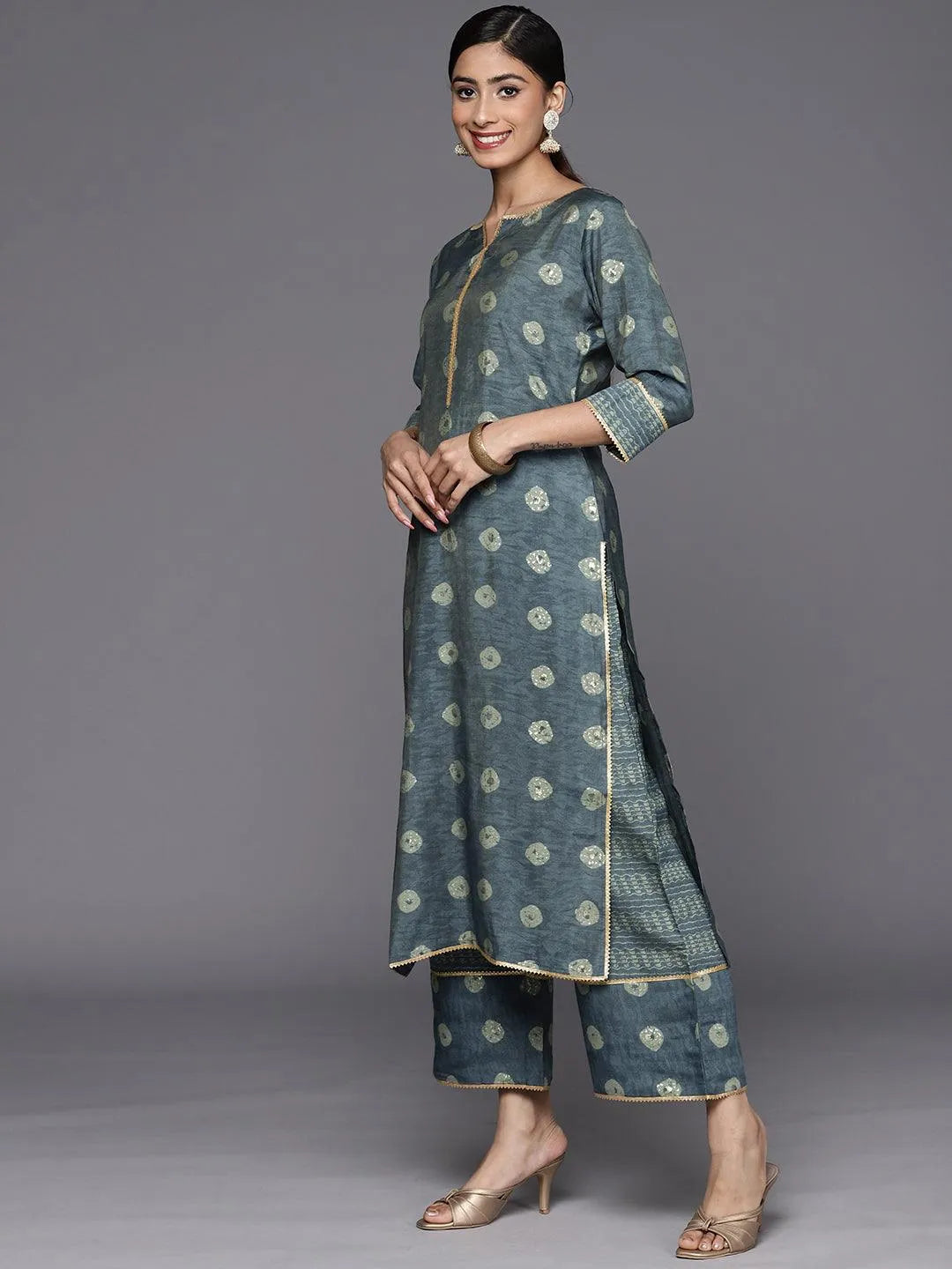Grey Printed Silk Blend Straight Suit Set With Palazzos - Libas 