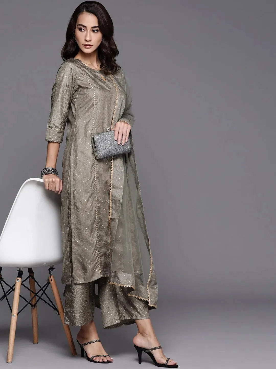 Grey Printed Silk Blend Suit Set - Libas